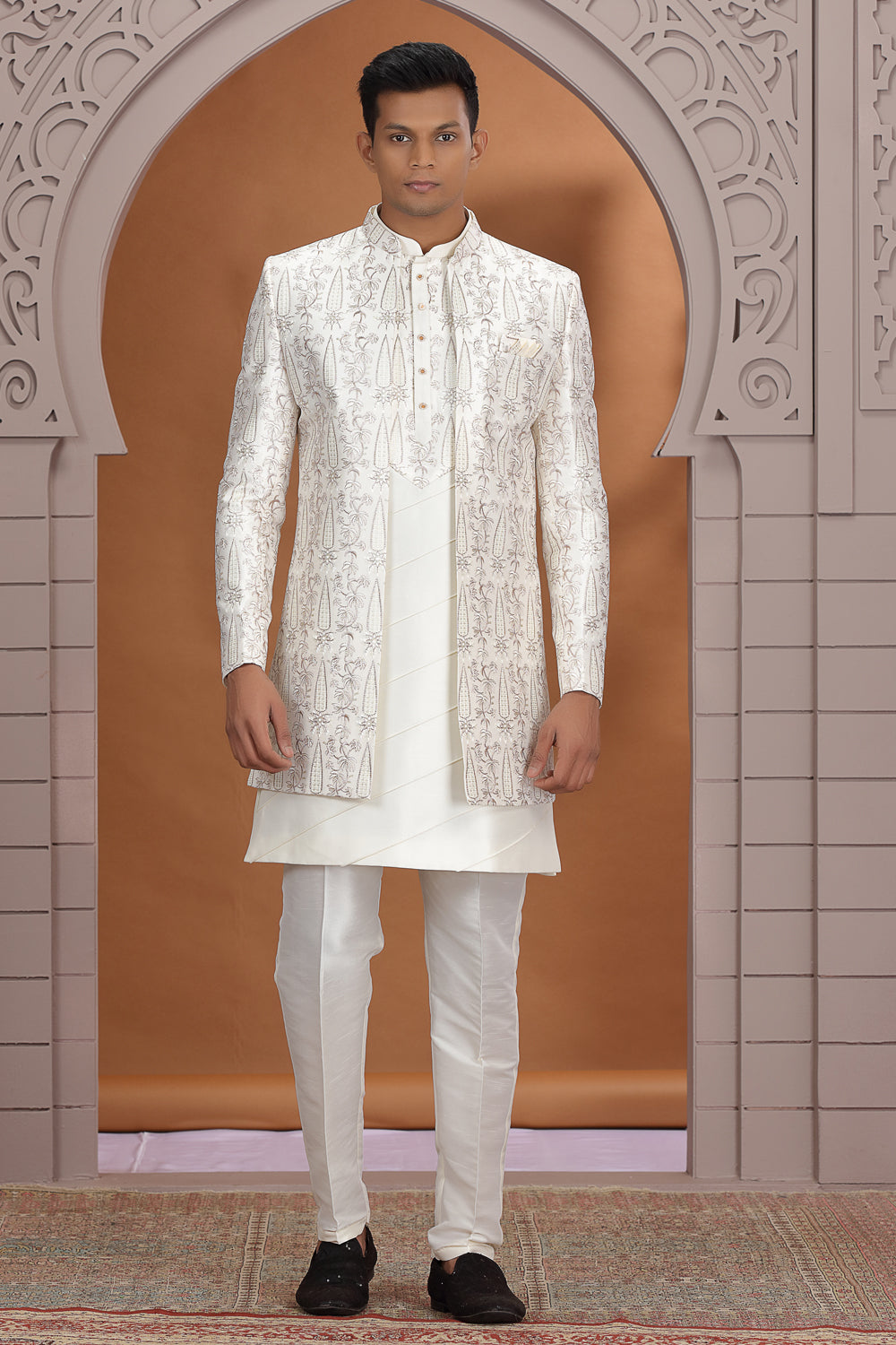 Cream Art Silk 3 piece Indo Western for Men (NMK-8633) - Nihal Fashions