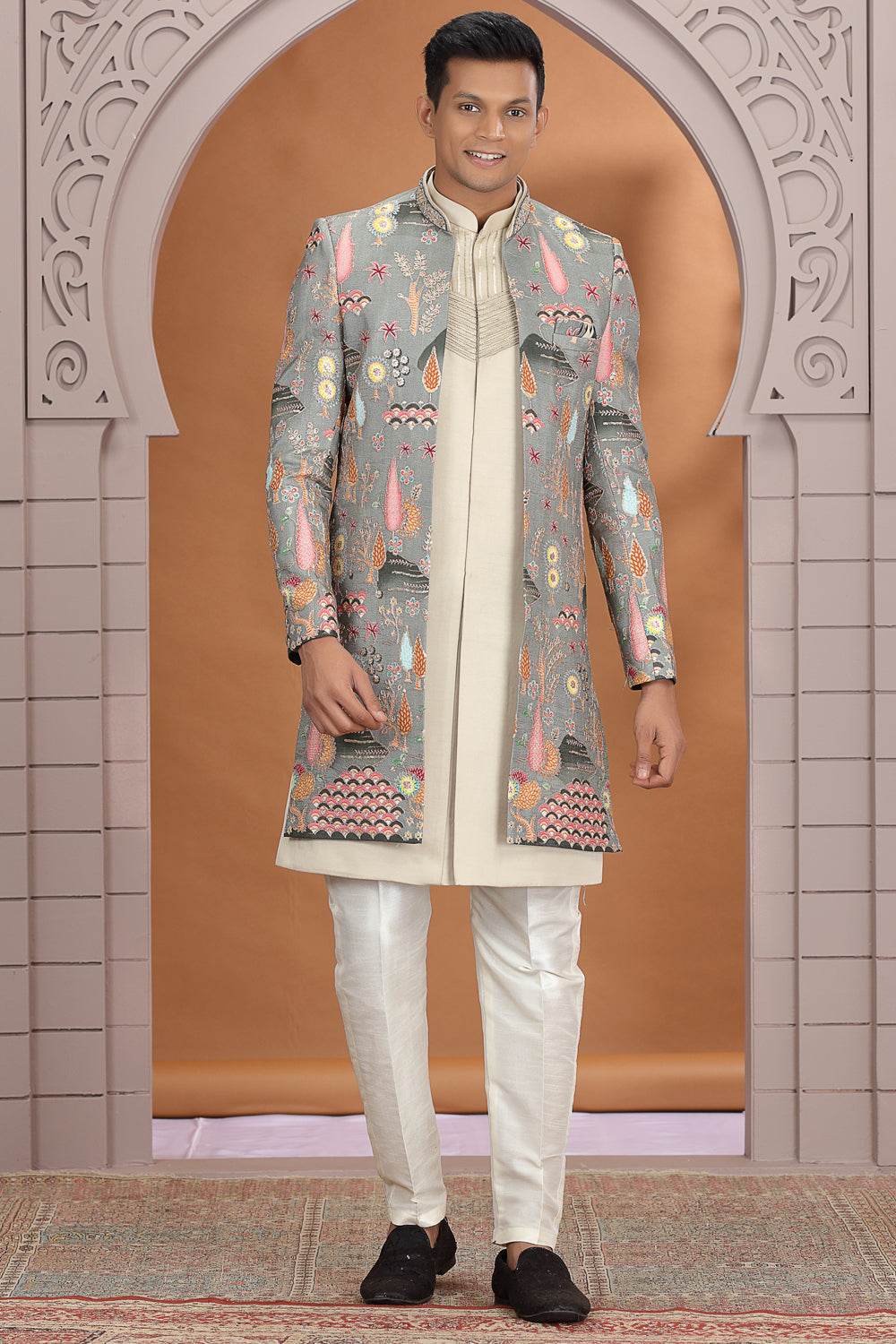 Cream Art Silk 3 piece Indo Western (NMK-8625) - Nihal Fashions