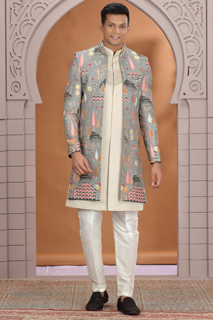 Cream Art Silk 3 piece Indo Western (NMK-8625) - Nihal Fashions
