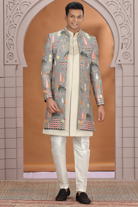 Cream Art Silk 3 piece Indo Western (NMK-8625) - Nihal Fashions