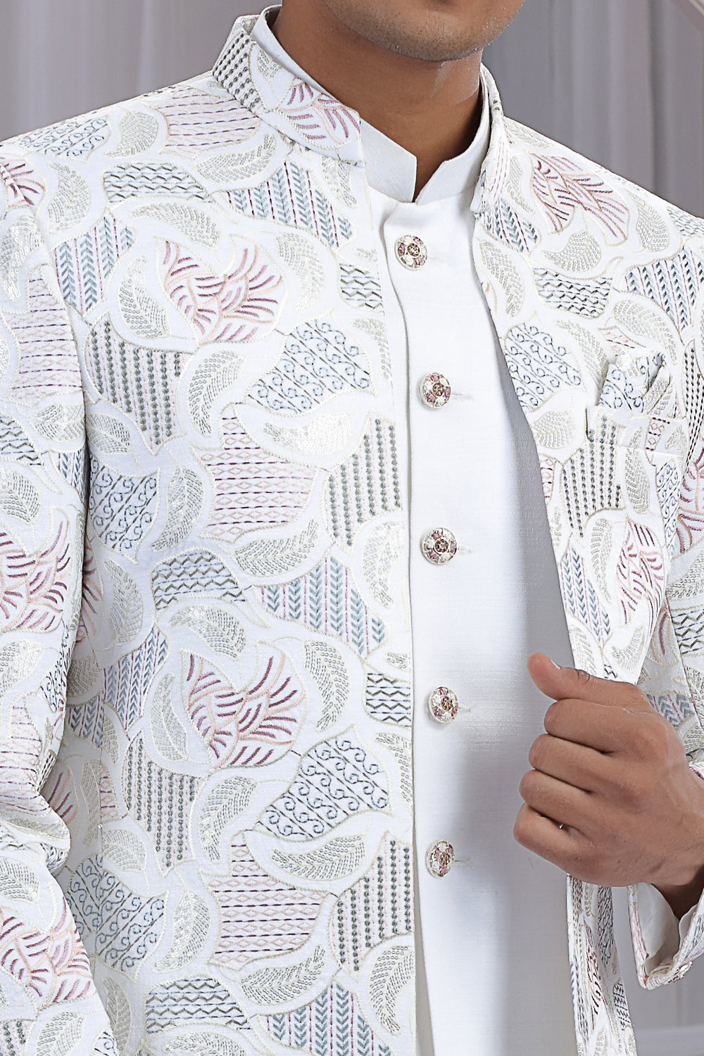 Cream Art Silk 3 piece Jacket Jodhpuri (NMK-8667) - Nihal Fashions