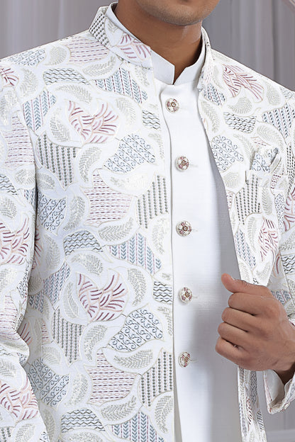 Cream Art Silk 3 piece Jacket Jodhpuri (NMK-8667) - Nihal Fashions