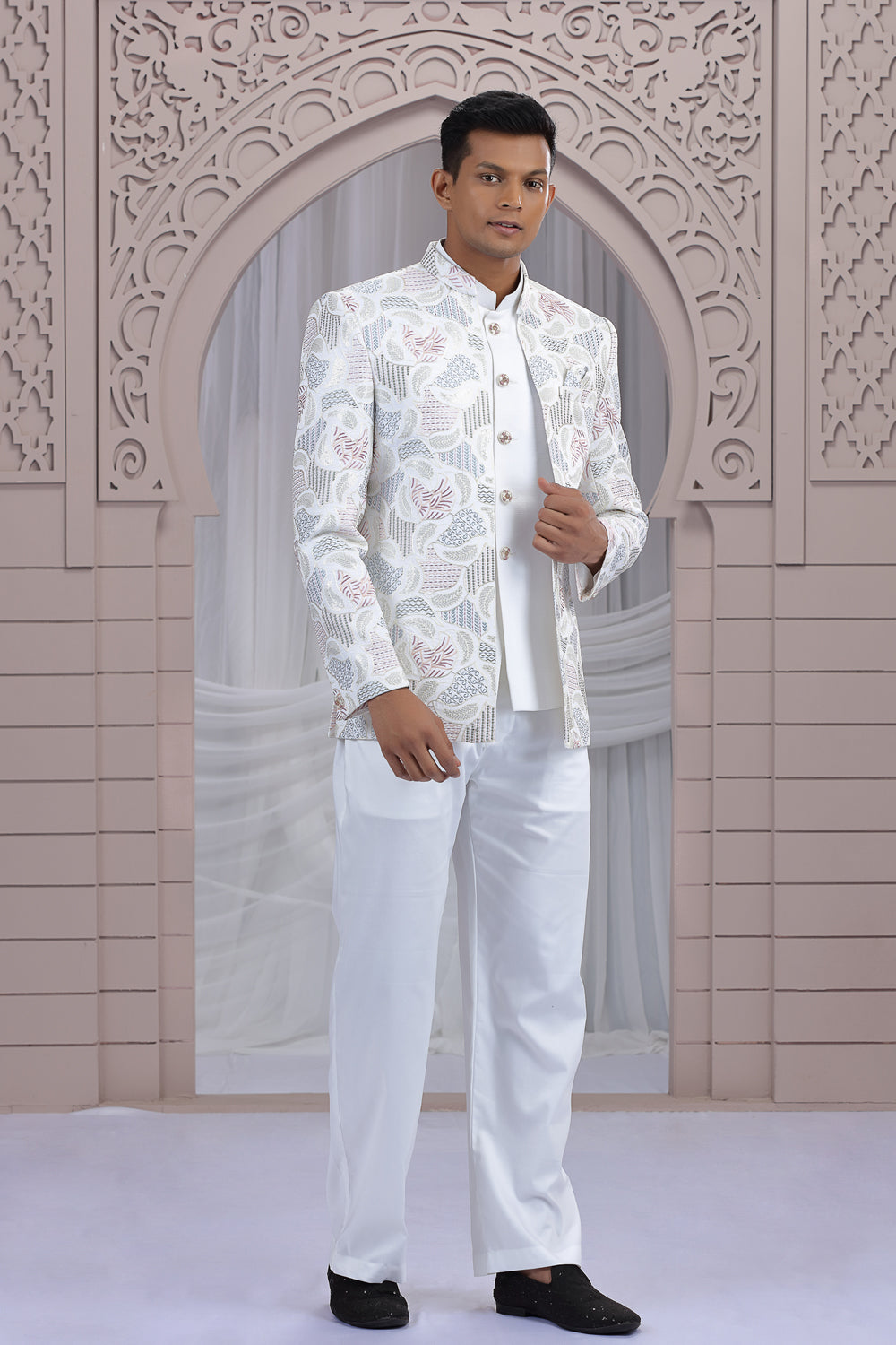 Cream Art Silk 3 piece Jacket Jodhpuri (NMK-8667) - Nihal Fashions