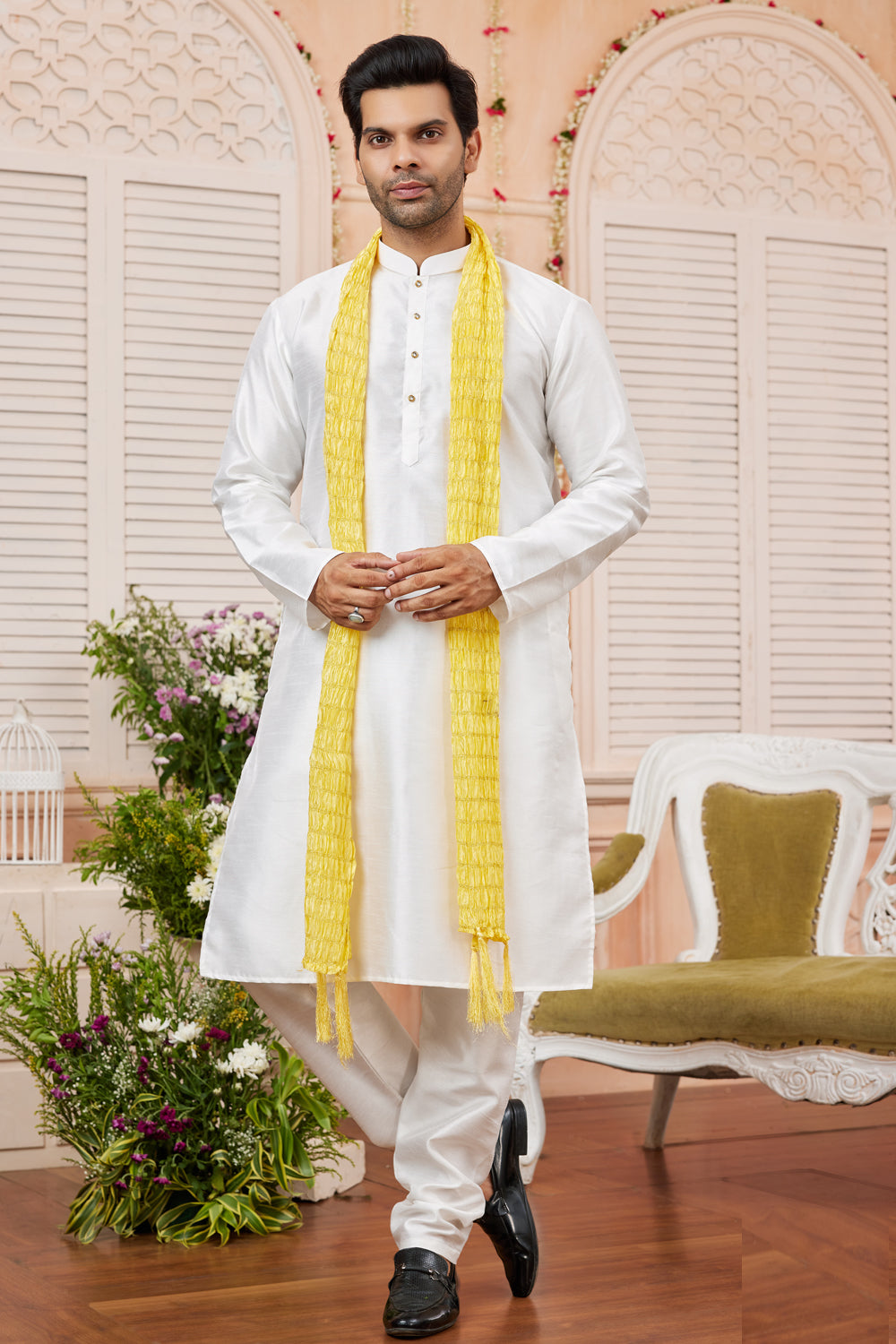 Cream Art Silk Casual Kurta Pajama (NMK-7958) - Nihal Fashions
