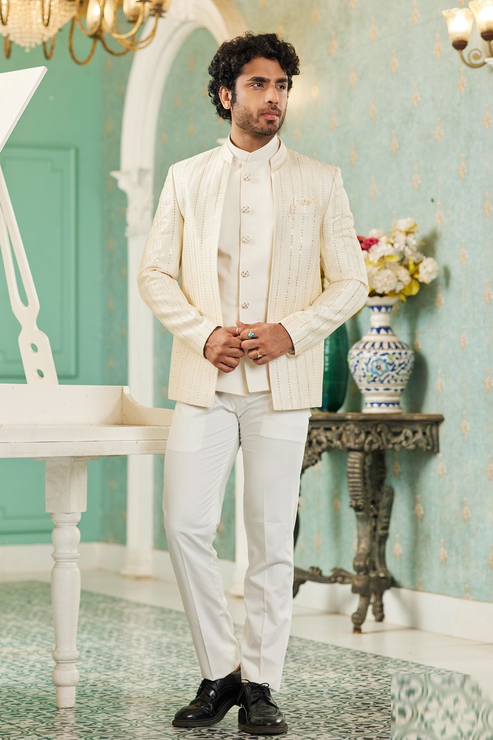 Cream Art Silk Embroidered Indo Western (NMK-7130) - Nihal Fashions