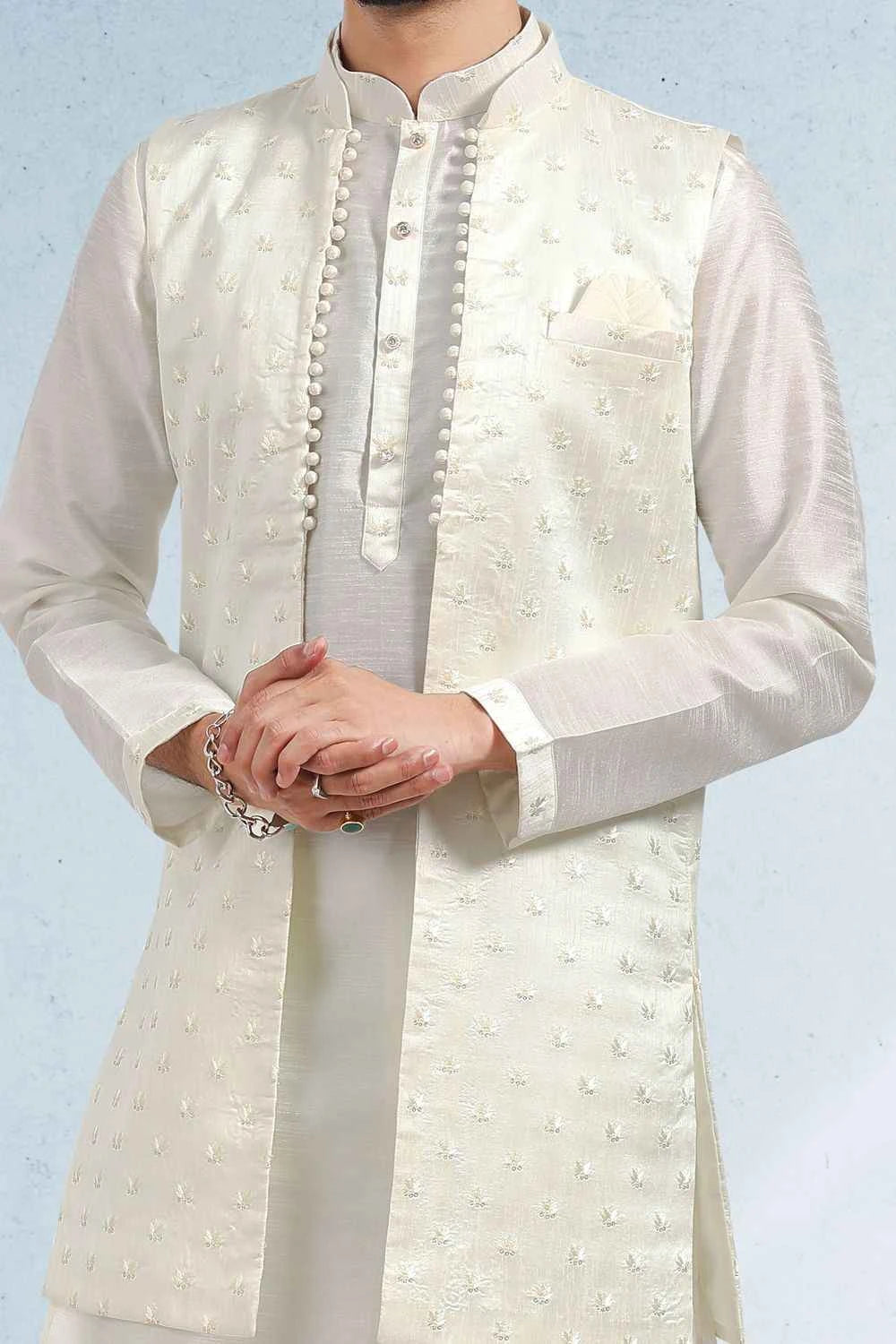 Cream Art Silk Embroidered Mens Indo Western (NMK-6465)