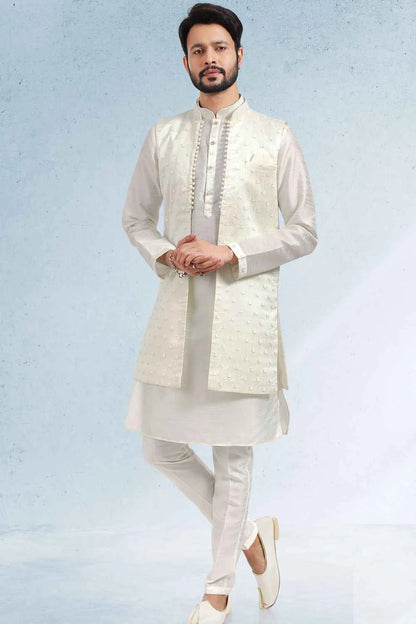 Cream Art Silk Embroidered Mens Indo Western (NMK-6465)