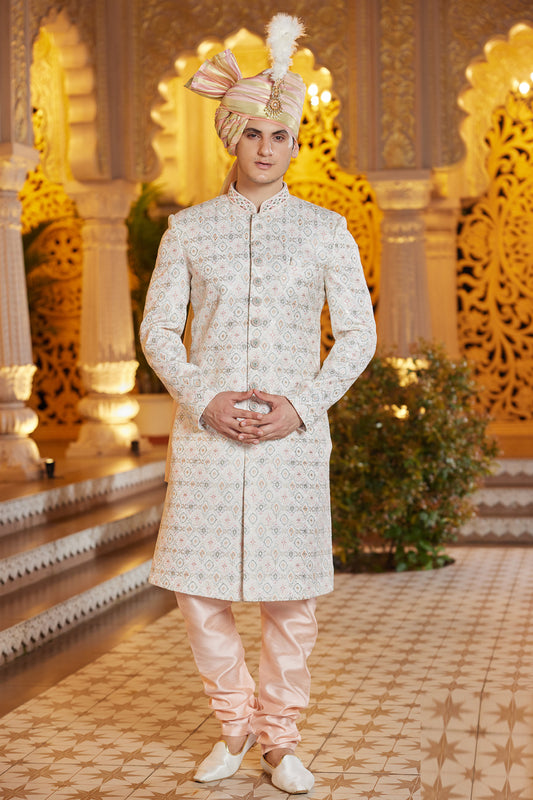 Cream Art Silk Embroidered Sherwani (NMK-8194) - Nihal Fashions