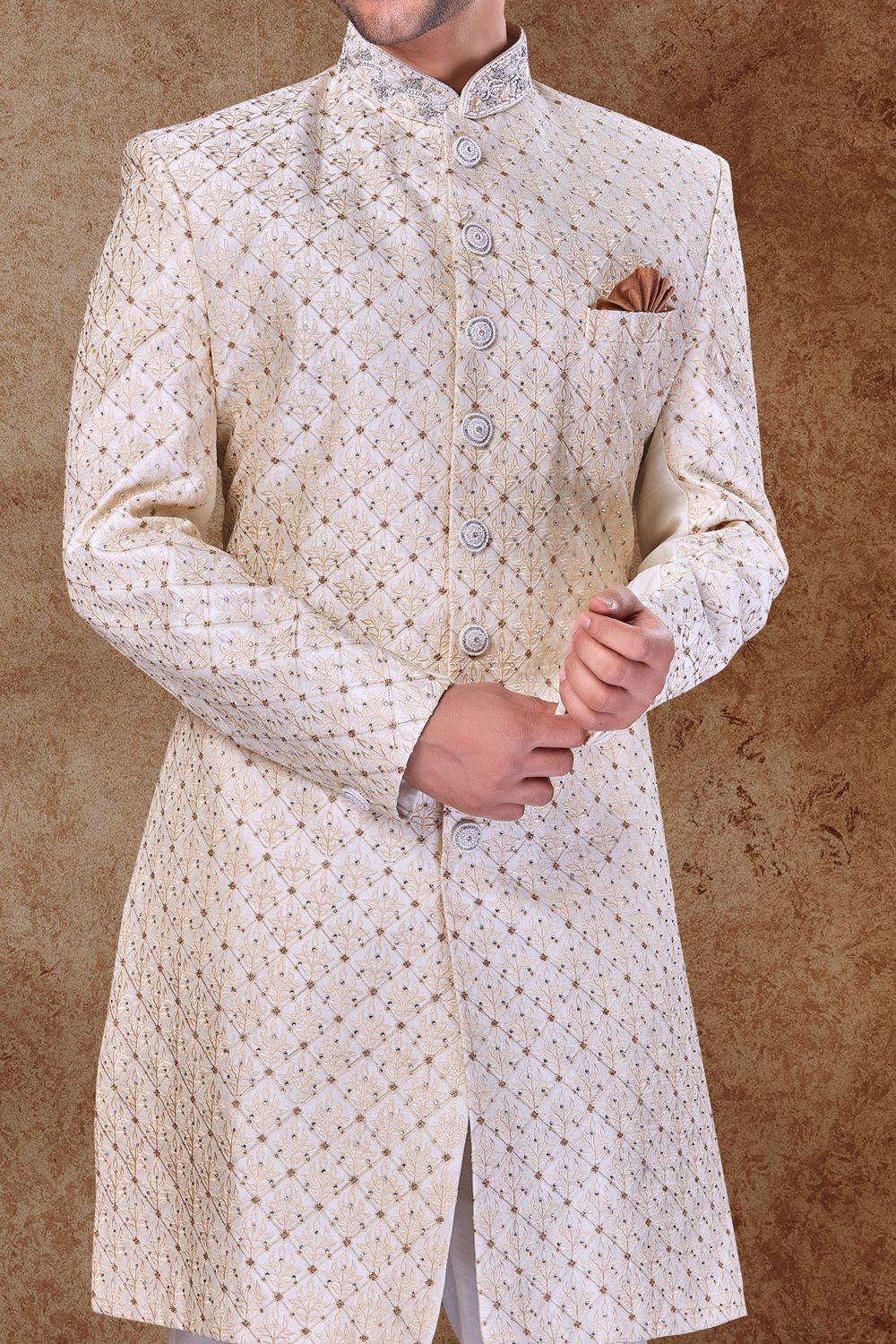 Cream Art Silk Grooms Sherwani (NMK-6761) - Nihal Fashions