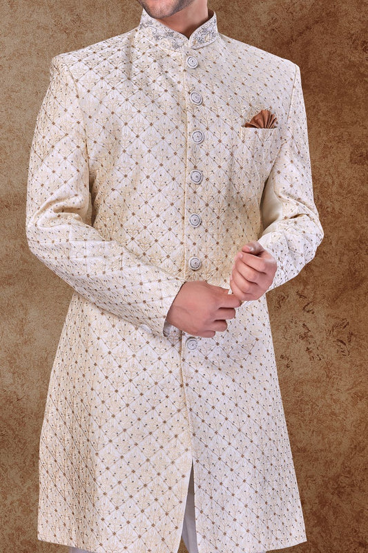 Cream Art Silk Grooms Sherwani (NMK-6761) - Nihal Fashions