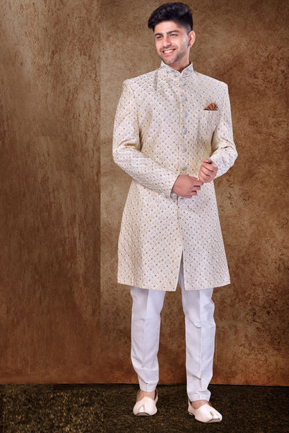 Cream Art Silk Grooms Sherwani (NMK-6761) - Nihal Fashions