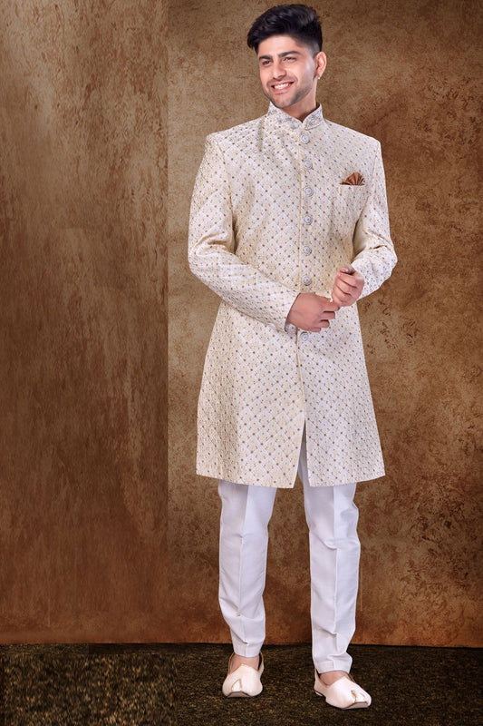 Cream Art Silk Grooms Sherwani (NMK-6761) - Nihal Fashions