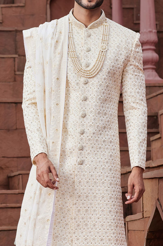 Cream Art Silk Grooms Sherwani (NMK-7153) - Nihal Fashions