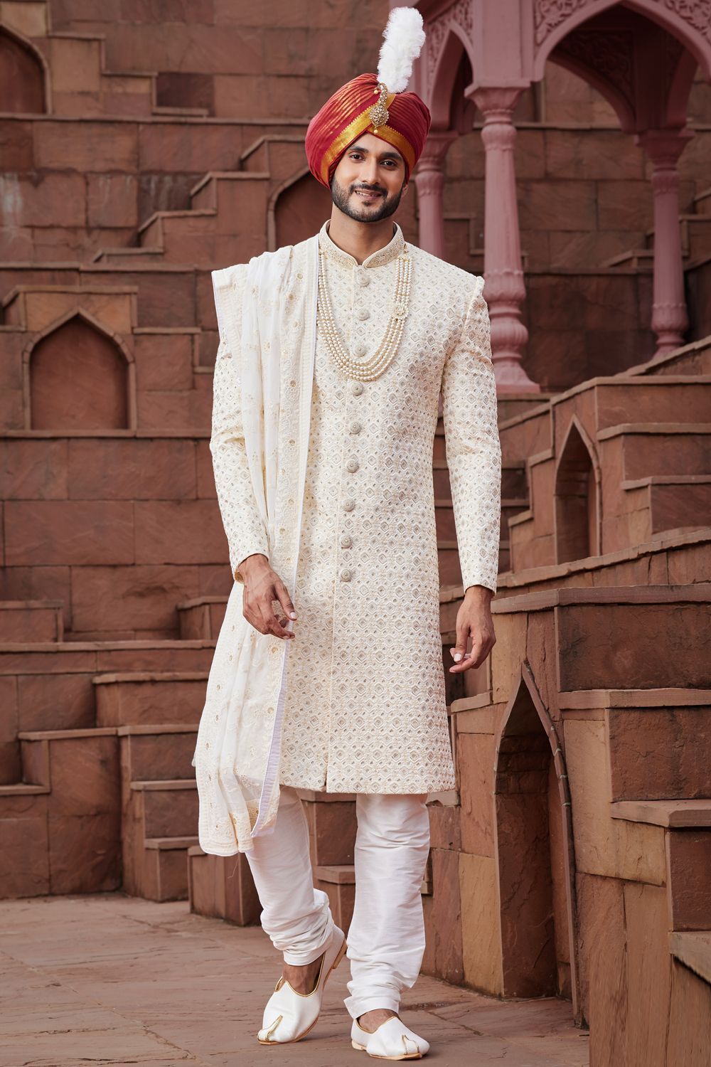 Cream Art Silk Grooms Sherwani (NMK-7153) - Nihal Fashions