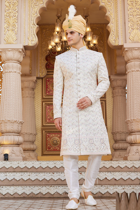 Cream Art Silk Grooms Sherwani (NMK-8182) - Nihal Fashions