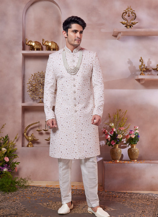Cream Art Silk Grooms Sherwani (NMK-8299) - Nihal Fashions
