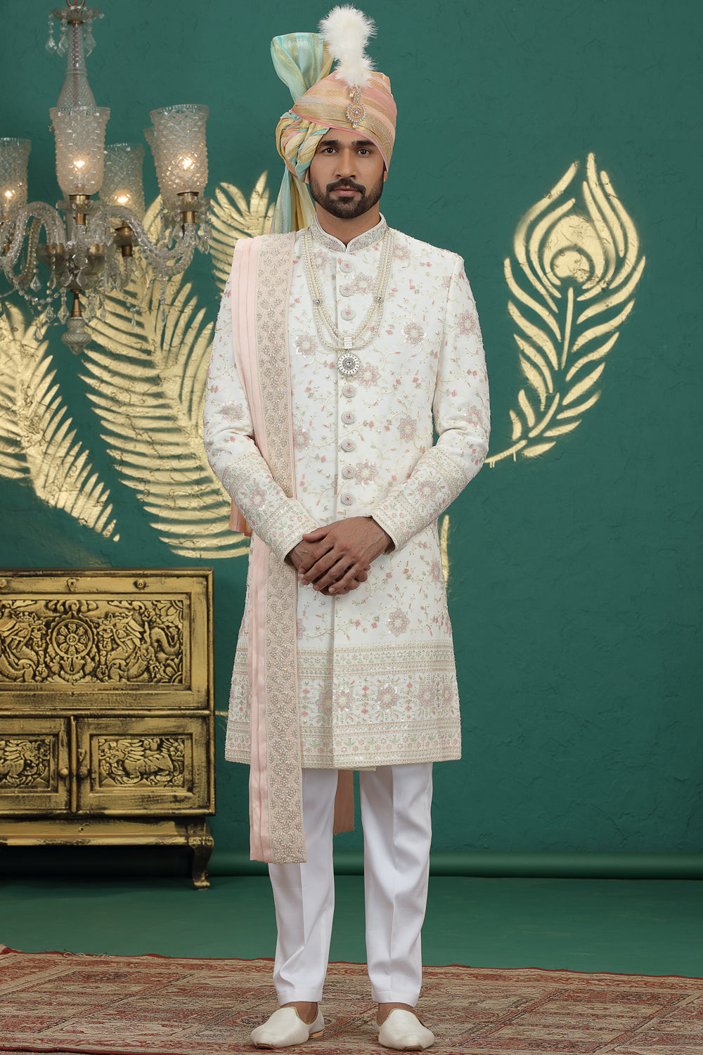 Cream Art Silk Grooms Sherwani (NMK-8601) - Nihal Fashions