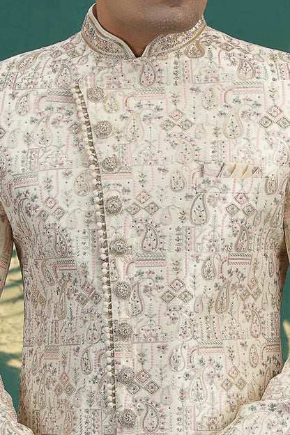 Cream Art Silk Grooms Sherwani (NMK-8619) - Nihal Fashions
