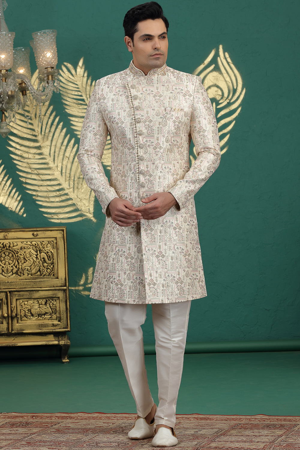 Cream Art Silk Grooms Sherwani (NMK-8619) - Nihal Fashions