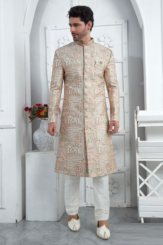 Cream Art Silk Indian Sherwani (NMK-7712) - Nihal Fashions