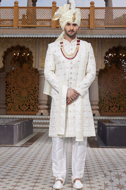 Cream Art Silk Indian Sherwani (NMK-8181) - Nihal Fashions