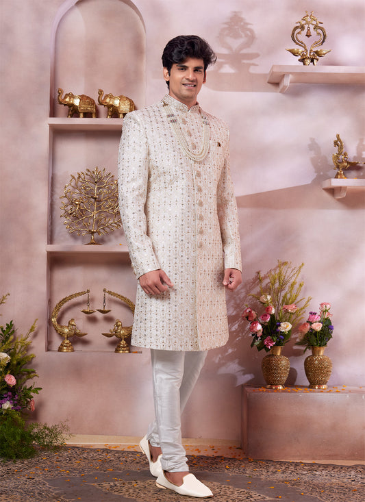 Cream Art Silk Indian Sherwani (NMK-8298) - Nihal Fashions