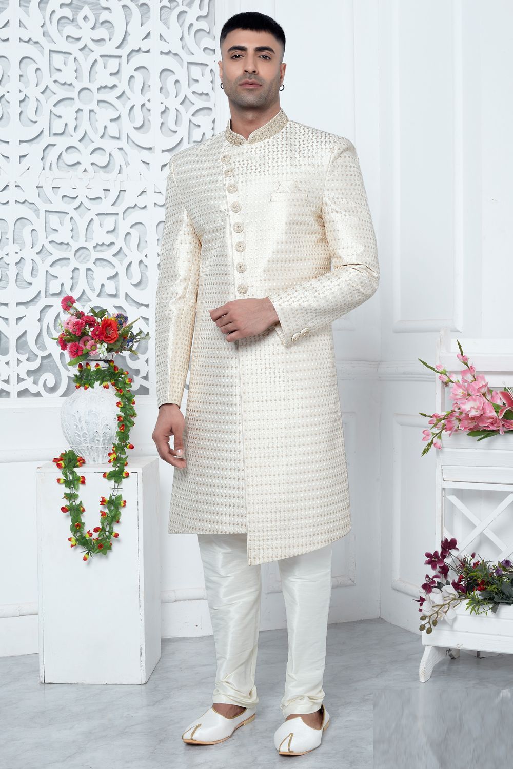 Cream Art Silk Indo Western for Men (NMK-7699) - Nihal Fashions