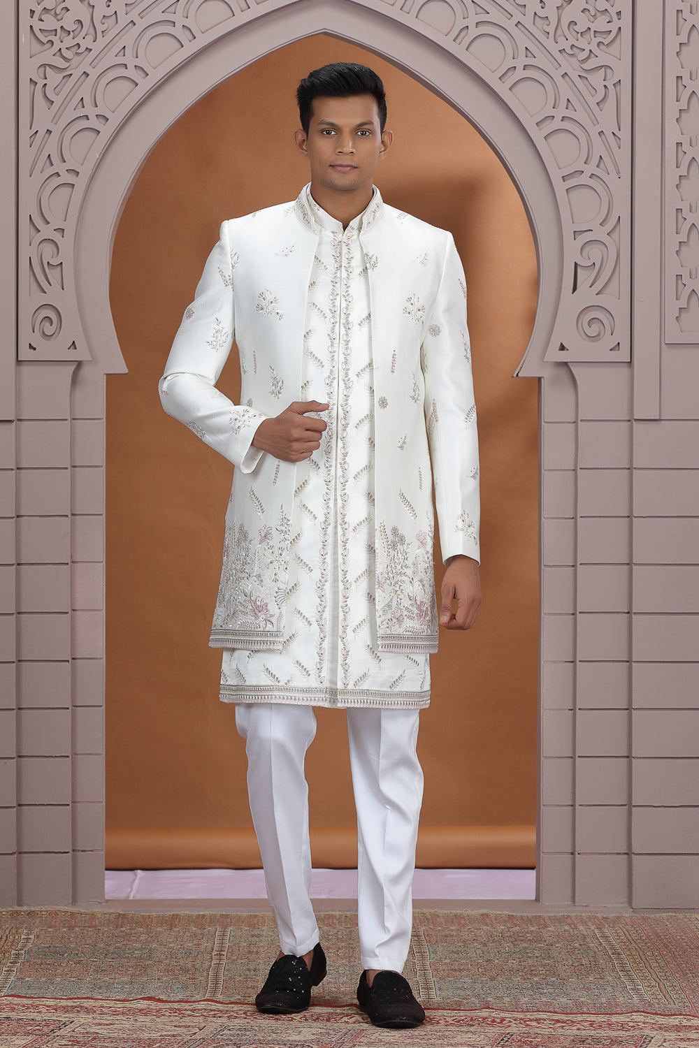 Cream Art Silk Mens 3 piece Indo Western (NMK-8626) - Nihal Fashions