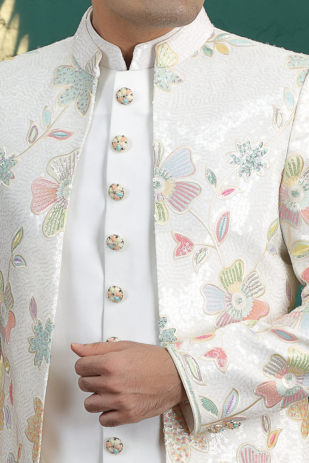 Cream Art Silk Mens 3 piece Indo Western (NMK-8643) - Nihal Fashions