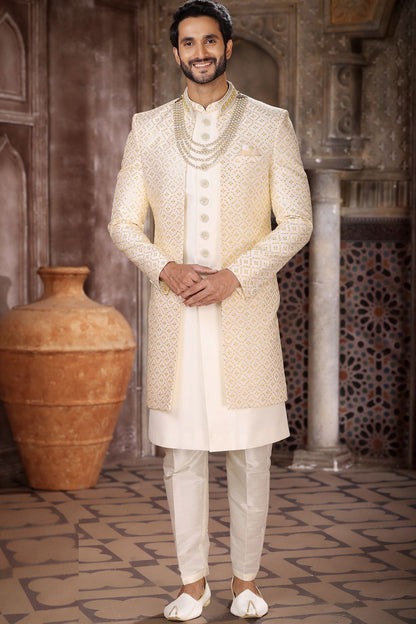 Cream Art Silk Mens Indo Western (NMK-6838) - Nihal Fashions