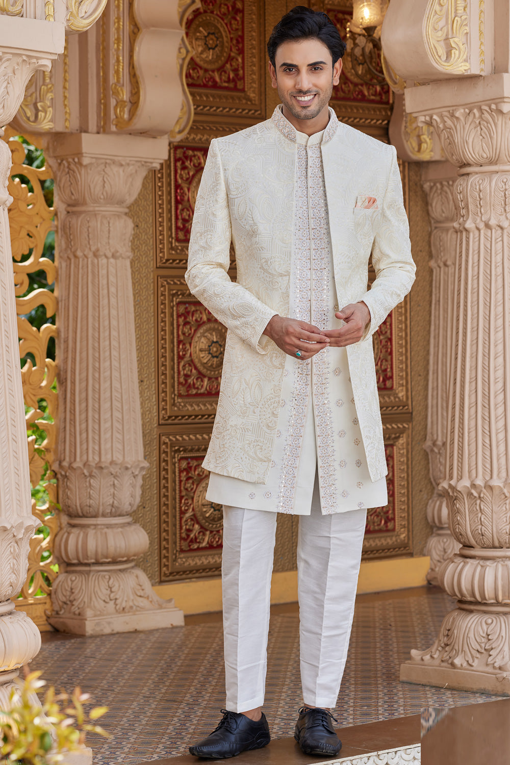 Cream Art Silk Mens Indo Western (NMK-8206) - Nihal Fashions