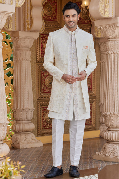 Cream Art Silk Mens Indo Western (NMK-8206) - Nihal Fashions