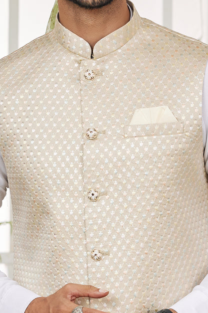 Cream Art Silk Mens Nehru Jacket (NMK-7974) - Nihal Fashions