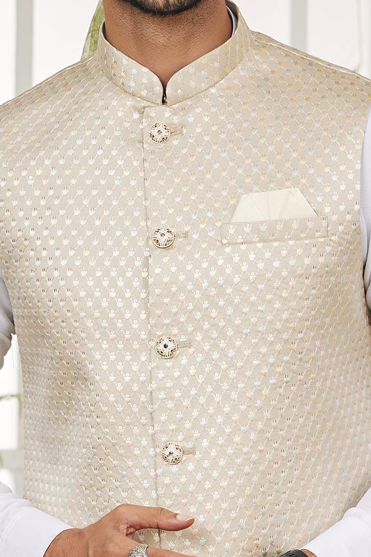 Cream Art Silk Mens Nehru Jacket (NMK-7974) - Nihal Fashions