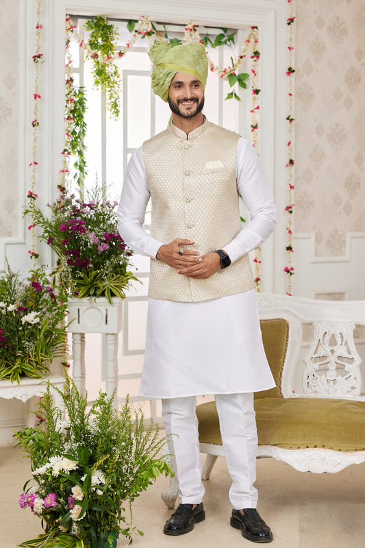 Cream Art Silk Mens Nehru Jacket (NMK-7974) - Nihal Fashions
