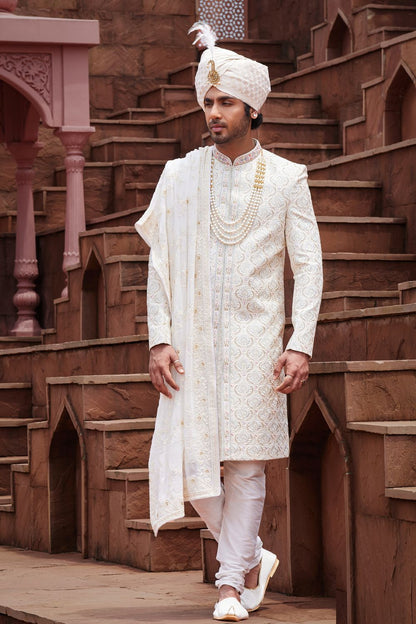 Cream Art Silk Mens Sherwani (NMK-7159) - Nihal Fashions