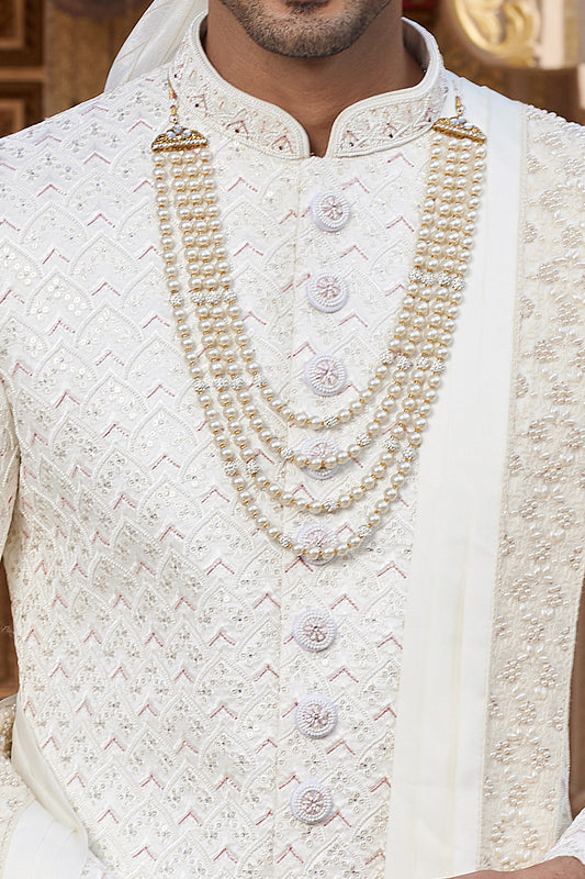 Cream Art Silk Mens Sherwani (NMK-8179) - Nihal Fashions