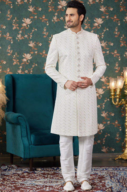Cream Art Silk Mens Sherwani (NMK-8237) - Nihal Fashions