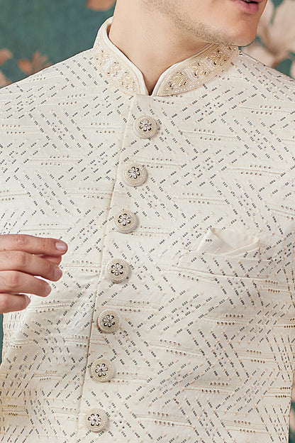 Cream Art Silk Mens Sherwani (NMK-8239) - Nihal Fashions