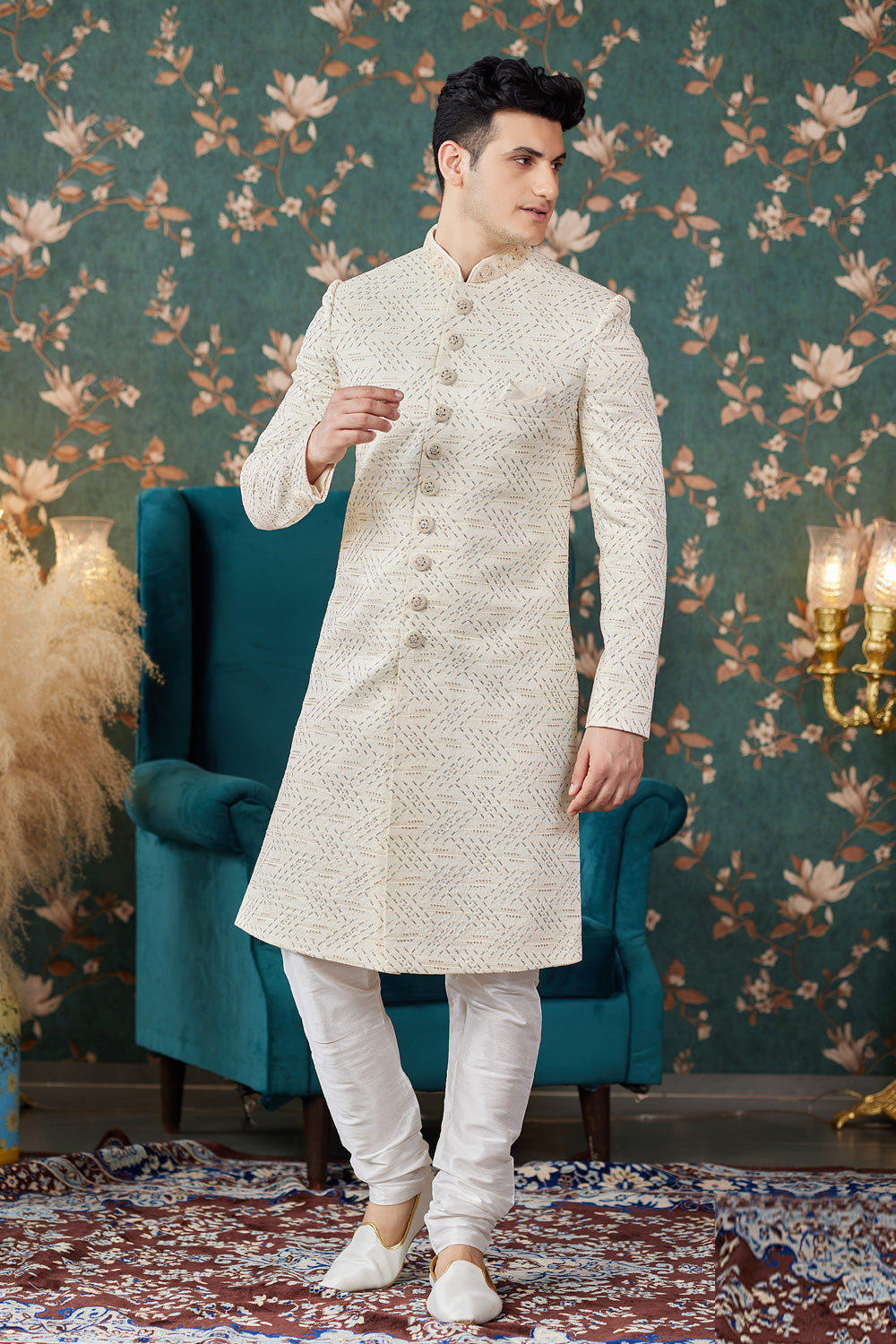 Cream Art Silk Mens Sherwani (NMK-8239) - Nihal Fashions