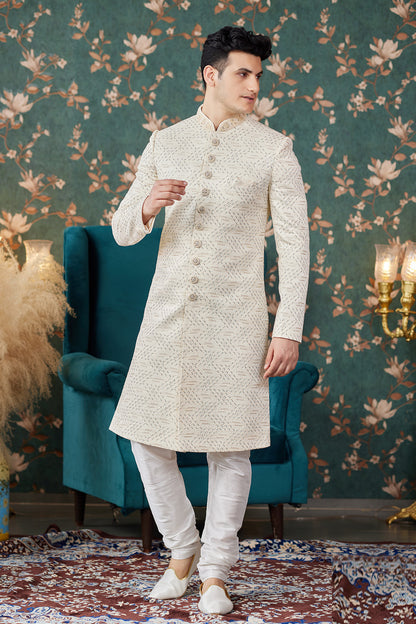 Cream Art Silk Mens Sherwani (NMK-8239) - Nihal Fashions