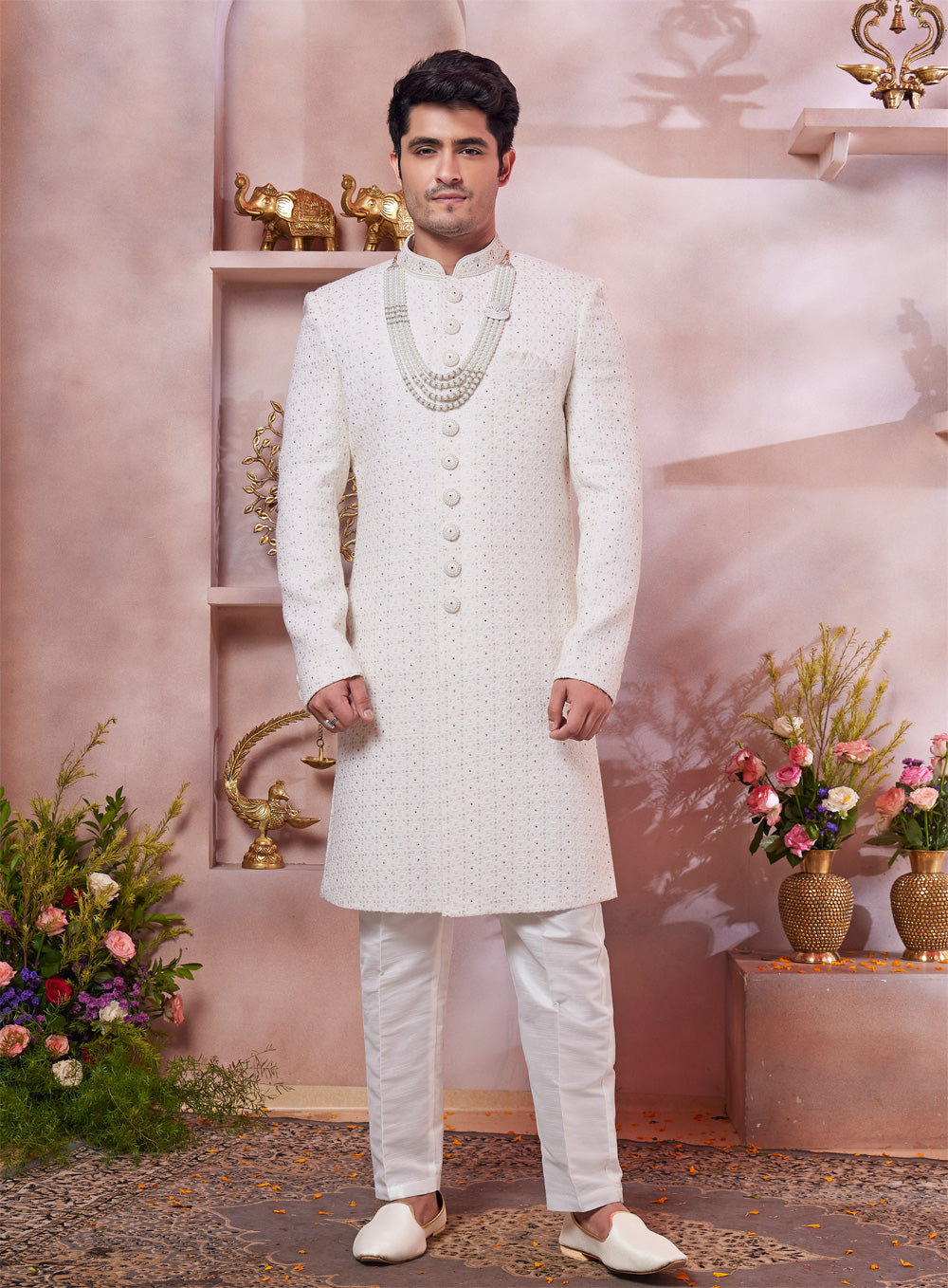 Cream Art Silk Mens Sherwani (NMK-8300) - Nihal Fashions