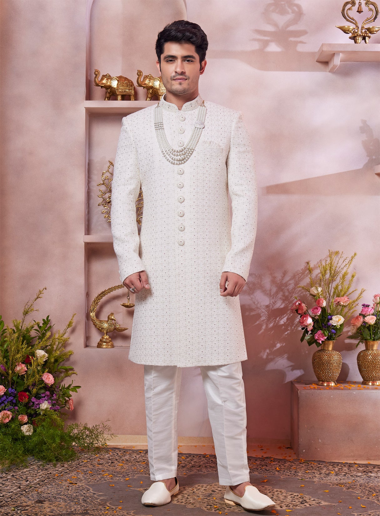 Cream Art Silk Mens Sherwani (NMK-8300) - Nihal Fashions