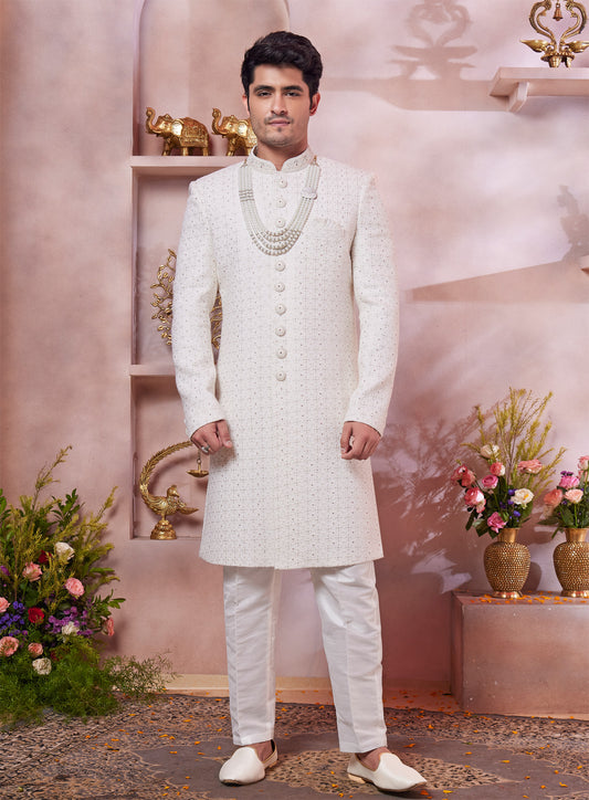Cream Art Silk Mens Sherwani (NMK-8300) - Nihal Fashions