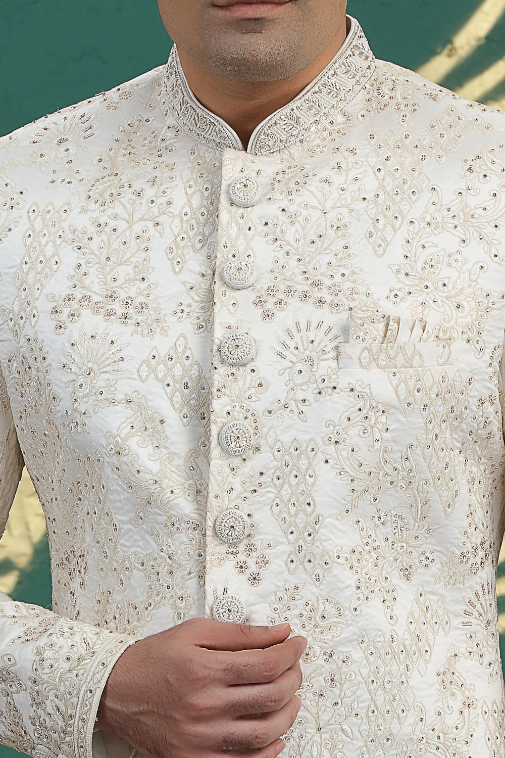 Cream Art Silk Mens Sherwani (NMK-8616) - Nihal Fashions