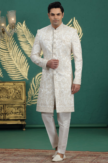 Cream Art Silk Mens Sherwani (NMK-8616) - Nihal Fashions