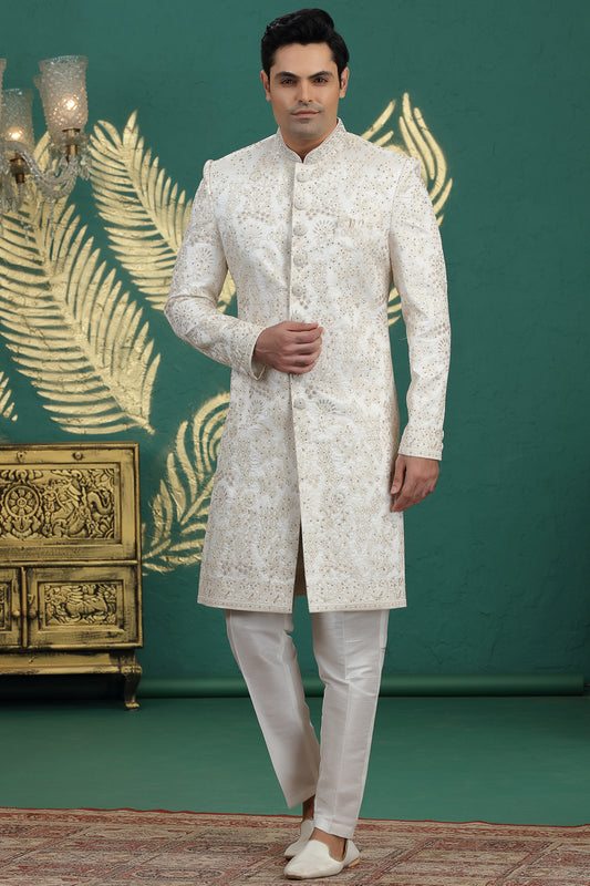 Cream Art Silk Mens Sherwani (NMK-8616) - Nihal Fashions