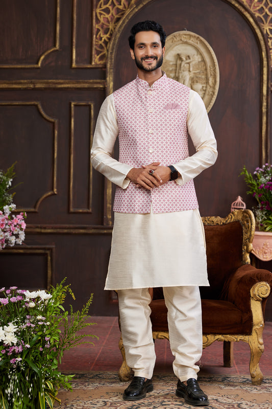 Cream Art Silk Nehru Jacket (NMK-7949) - Nihal Fashions