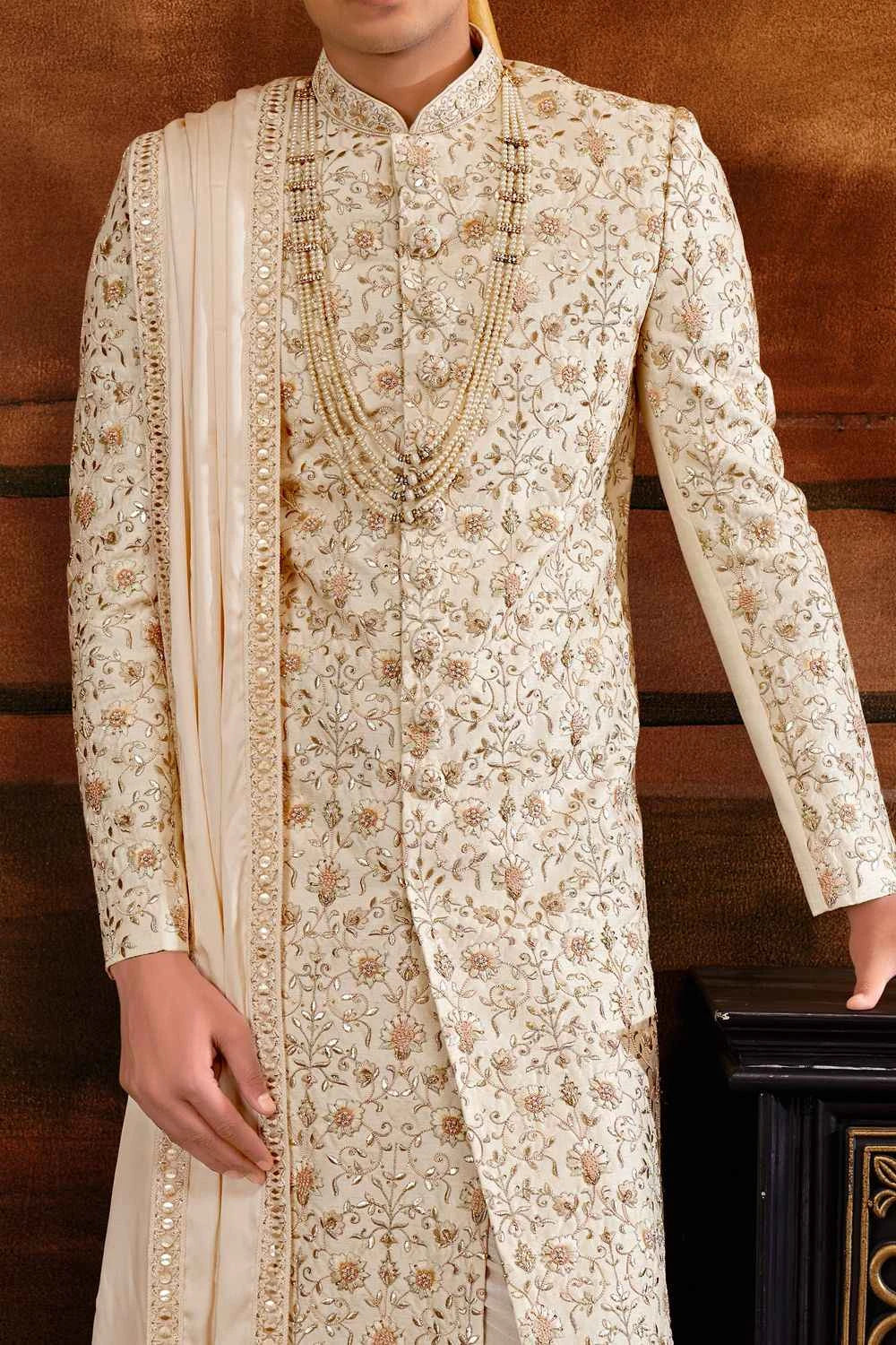 Cream Art Silk Sherwani for Men (NMK-6400)