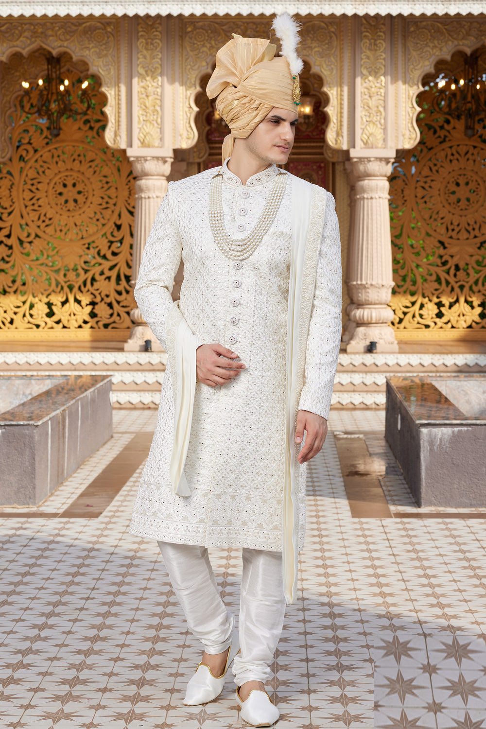 Cream Art Silk Sherwani for Men (NMK-8180) - Nihal Fashions